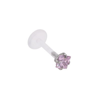 Labret in bioflex, "prong" setting, vierkante, roze kristal